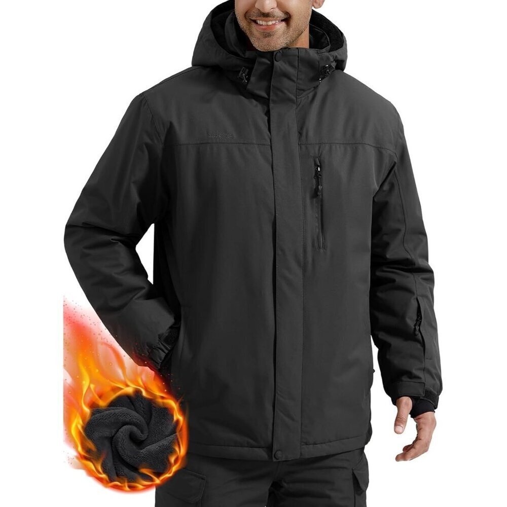 Men's Black Waterproof Ski Snow Jacket Fleece Lined Warm Winter Rain Jacket